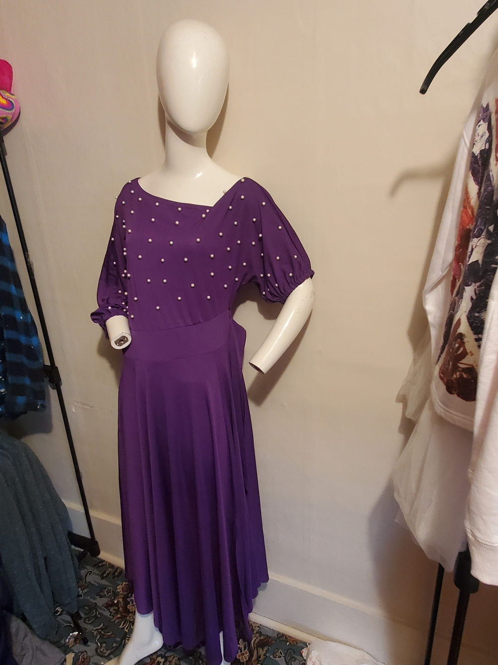 Purple Pearl-Embellished Midi Dress